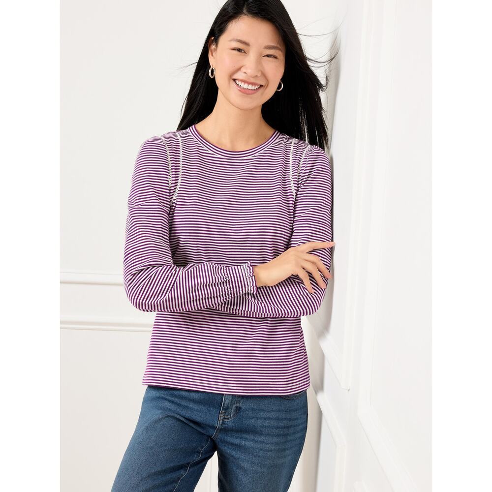 Talbots Lattice Trim Crewneck Purple White Stipe 100% Cotton Top Size Medium